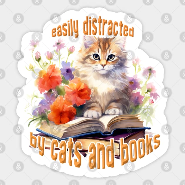 Easily Distracted By Cats and Books Sticker by nonbeenarydesigns